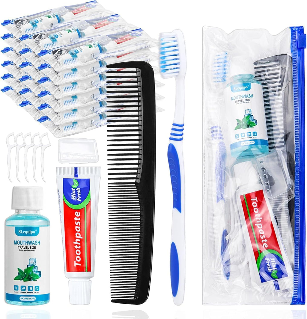 100 Set Travel Toothbrush Kit Bulk,Disposable Toothbrush with Toothpaste Set with Mouthwash,Toothpaste,Cover,Comb,Zip Bag,Floss Picks,Toothbrushes Set for Homeless,Travel