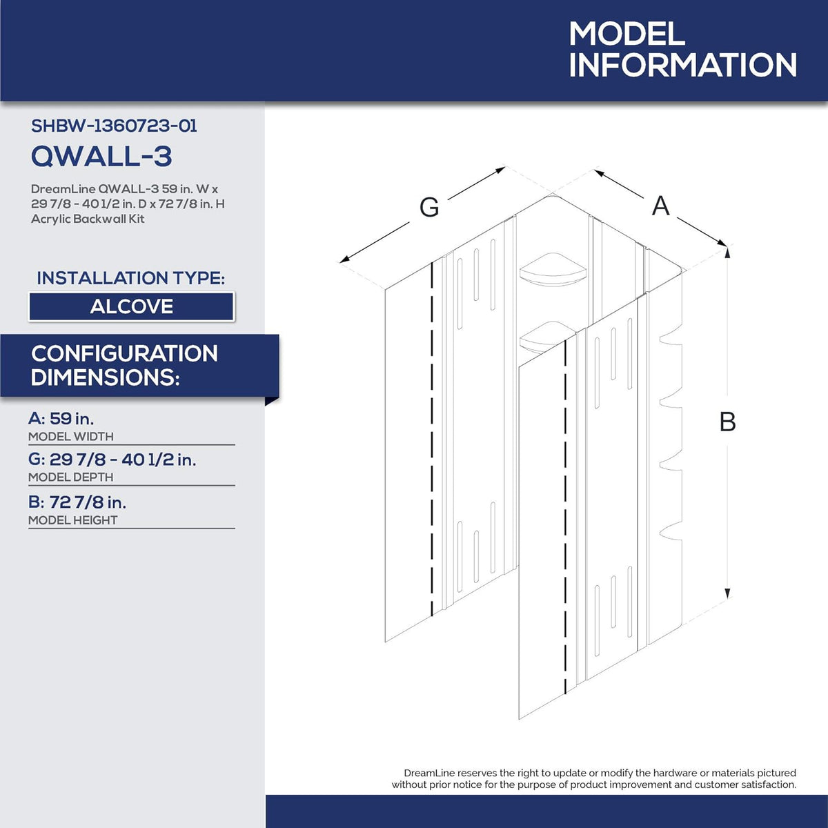 DreamLine 34 in. D x 60 in. W x 75 5/8 in. H Center Drain Acrylic Shower Base and QWALL-3 Backwall Kit In White, DL-6147C-01