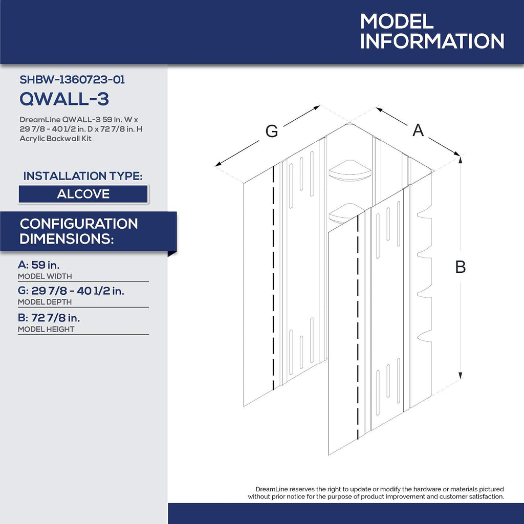 DreamLine 34 in. D x 60 in. W x 75 5/8 in. H Left Drain Acrylic Shower Base and QWALL-3 Backwall Kit In White, DL-6147L-01