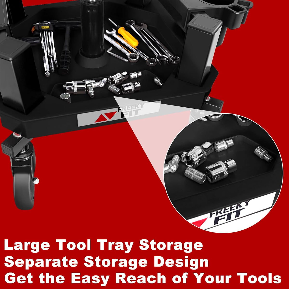 Rolling Stool with Wheels, Adjustable Shop Stool Mechanic Seat, Garage Shop Roller Work Chair, Mobile Rolling Seat with Tool Tray, 2 Cup Holders, 4' Casters, 350 LBS, Heavy-Duty, Black