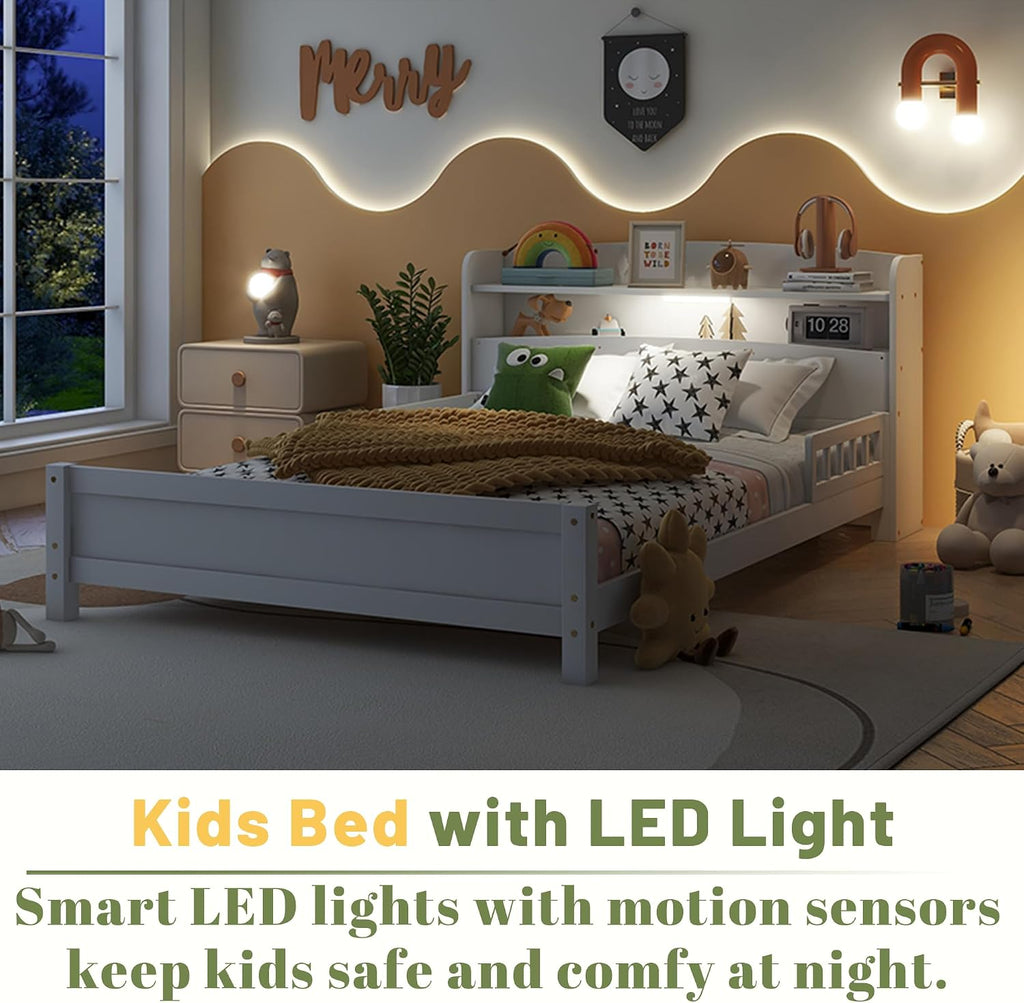 Full Size Kids Bed, Wood Kids Bed with Storage Bookcase & Headboard, Beds Frames with Rails & LED Motion Sensor Light, for Boys and Girls, White