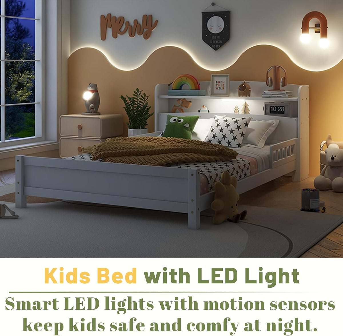 Full Size Kids Bed, Wood Kids Bed with Storage Bookcase & Headboard, Beds Frames with Rails & LED Motion Sensor Light, for Boys and Girls, White