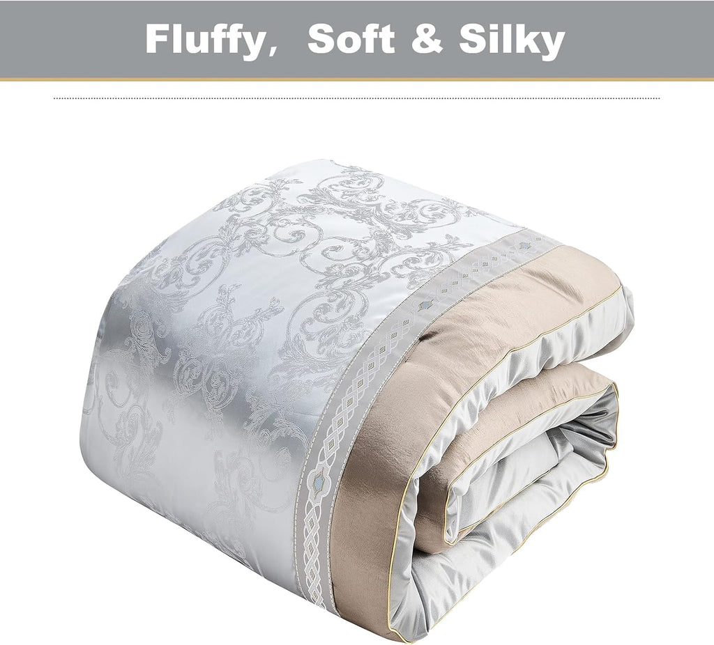 PANGUSHAN 7 Pieces Comforter Set King Size, Luxury Silky Elegant Jacquard Fluffy Reversible Bedding Set with Bed Skirt, Shams and Pillows, Bed in a Bag King, Down Alternative, Silver Gray
