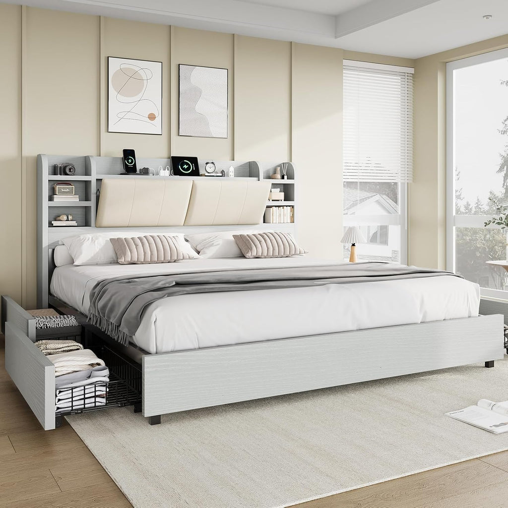 AMERLIFE King Size Bed Frame with Charging Station, 4 Drawers & Hidden Storage, Upholstered Cushion Backrest, Wooden Platform Bed with Bookcase Headboard, Heavy Duty Metal Frame, Light Grey