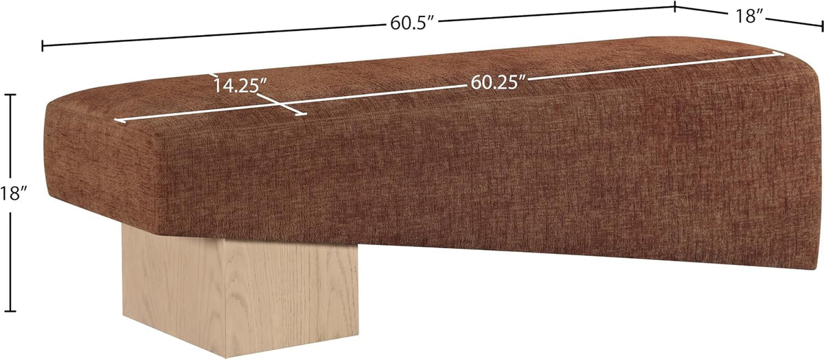 Meridian Furniture 22057Cognac Alora Collection Art Deco Bench with Soft Cognac Polyester Fabric, Natural Finish Solid Wood Frame, 60.5' W x 18' D x 18' H, Cognac