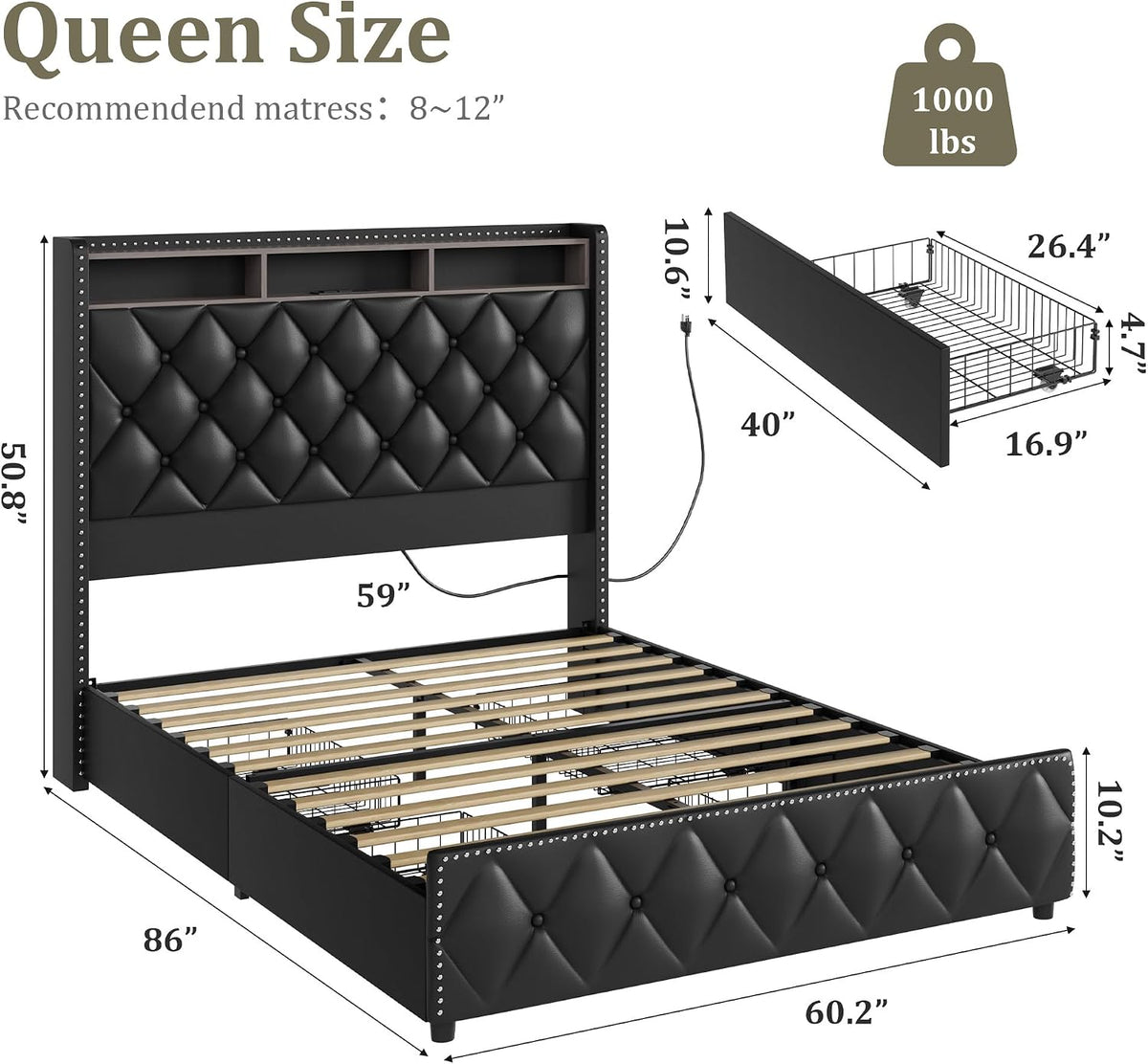 IDEALHOUSE Queen Bed Frame with 50.8' Tall Headboard and 4 Storage Drawers, Platform Leather Upholstered Bed Frame with Charging Station, Led Lights, No Box Spring Needed, Easy Assembly, Black