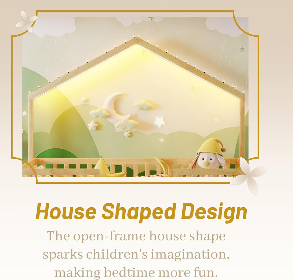 Twin Size House Bed for Kids, Low Profile Montessori Bed Twin with High Railings, Wood House Shape Montessori Beds with Light & Roof for Kids, Natural