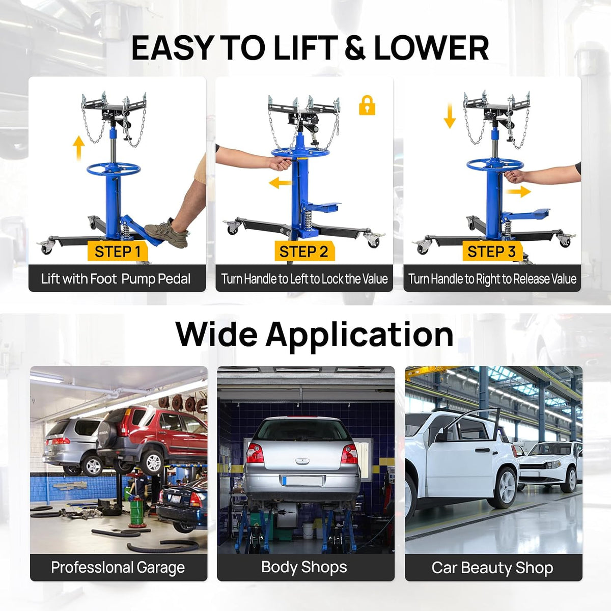 TUFFIOM Transmission Jack, 1660 lbs 3/4-Ton Hydraulic 2-Stage High Lift Vertical Telescoping Floor Jack Stand, 34' to 68' Lifting Range, w/Pedal, 360° Swivel Wheels, Garage/Shop Lift Hoist, Blue