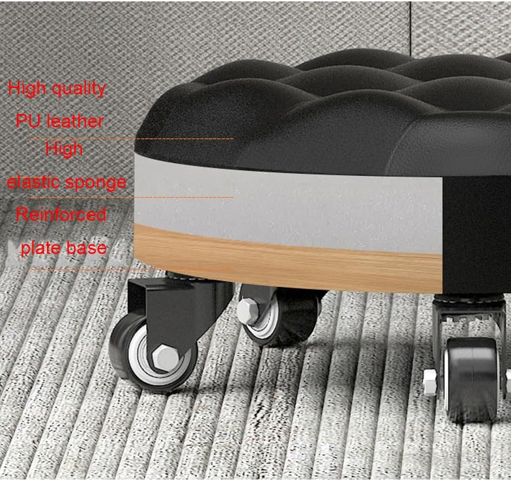 Heavy-Duty Low Roller Stool with 360° Swivel Wheels, Ottoman Footstool, Low-Height Short Rolling Stool Seat, PU Leather Small Mechanic Chair, Rolling Stools for Garage, Shop, Library Brown