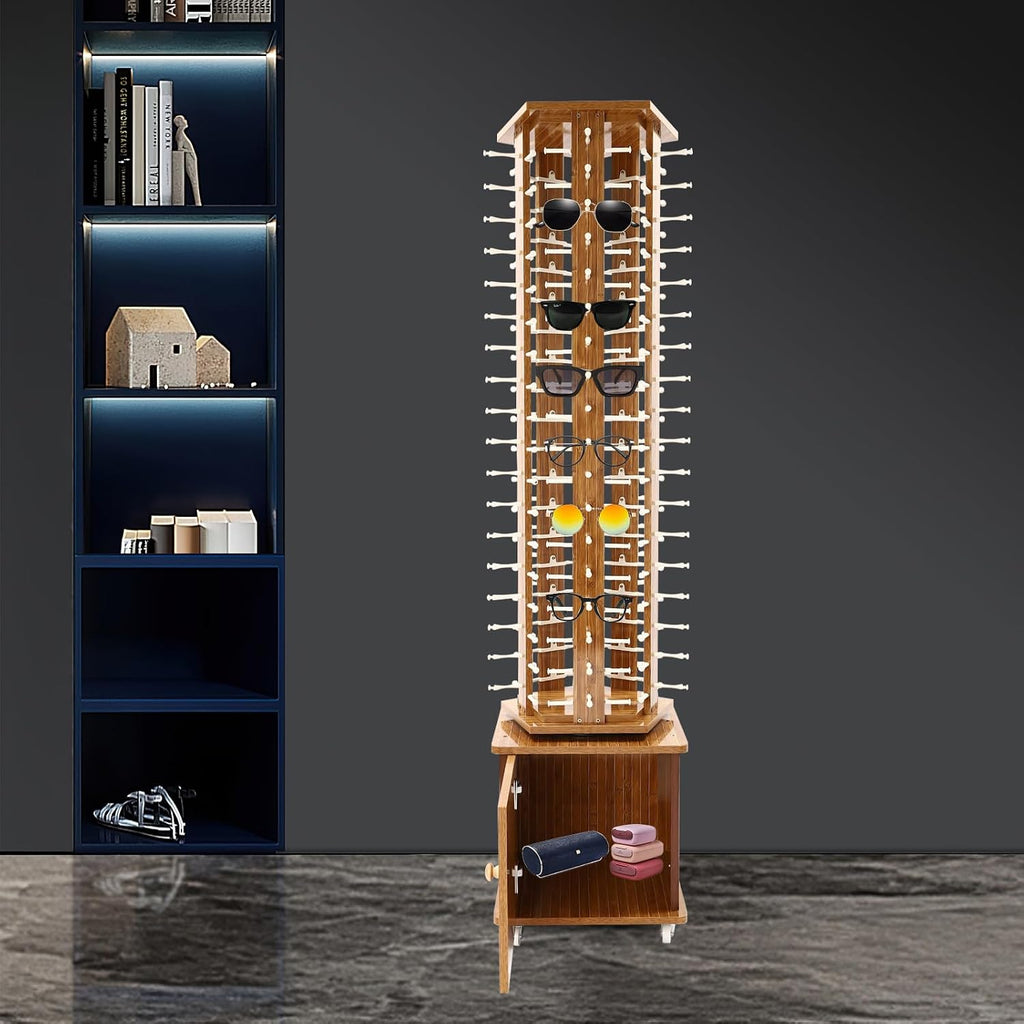 Sunglasses Storage Display Stand with Wheels Glasses Rack Organizer 5-Sided Eyewear Display Rack with Storage Cabinet for Home Retail Stores Shopping Malls, 66.14' (Dark Brown)