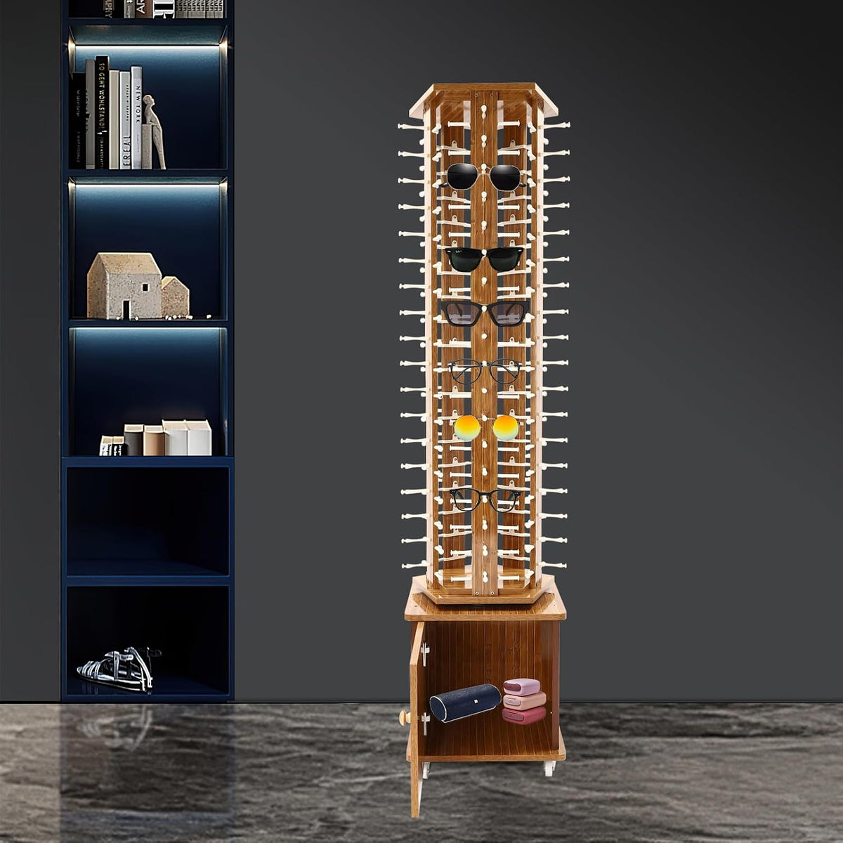 Sunglasses Storage Display Stand with Wheels Glasses Rack Organizer 5-Sided Eyewear Display Rack with Storage Cabinet for Home Retail Stores Shopping Malls, 66.14' (Dark Brown)