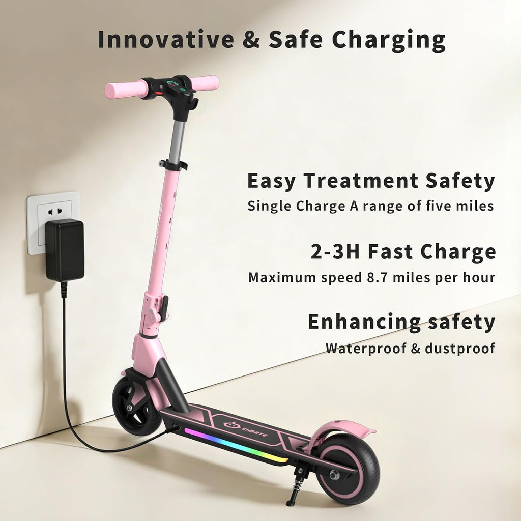 SIMATE Electric Scooter for Kids Ages 6-14, 3 Adjustable Heights 34'/37'/39', LED Display & Colorful Lights, Foldable Kids Electric Scooter, 8.7 MPH Safe Speed, Gifts for Boys Girls