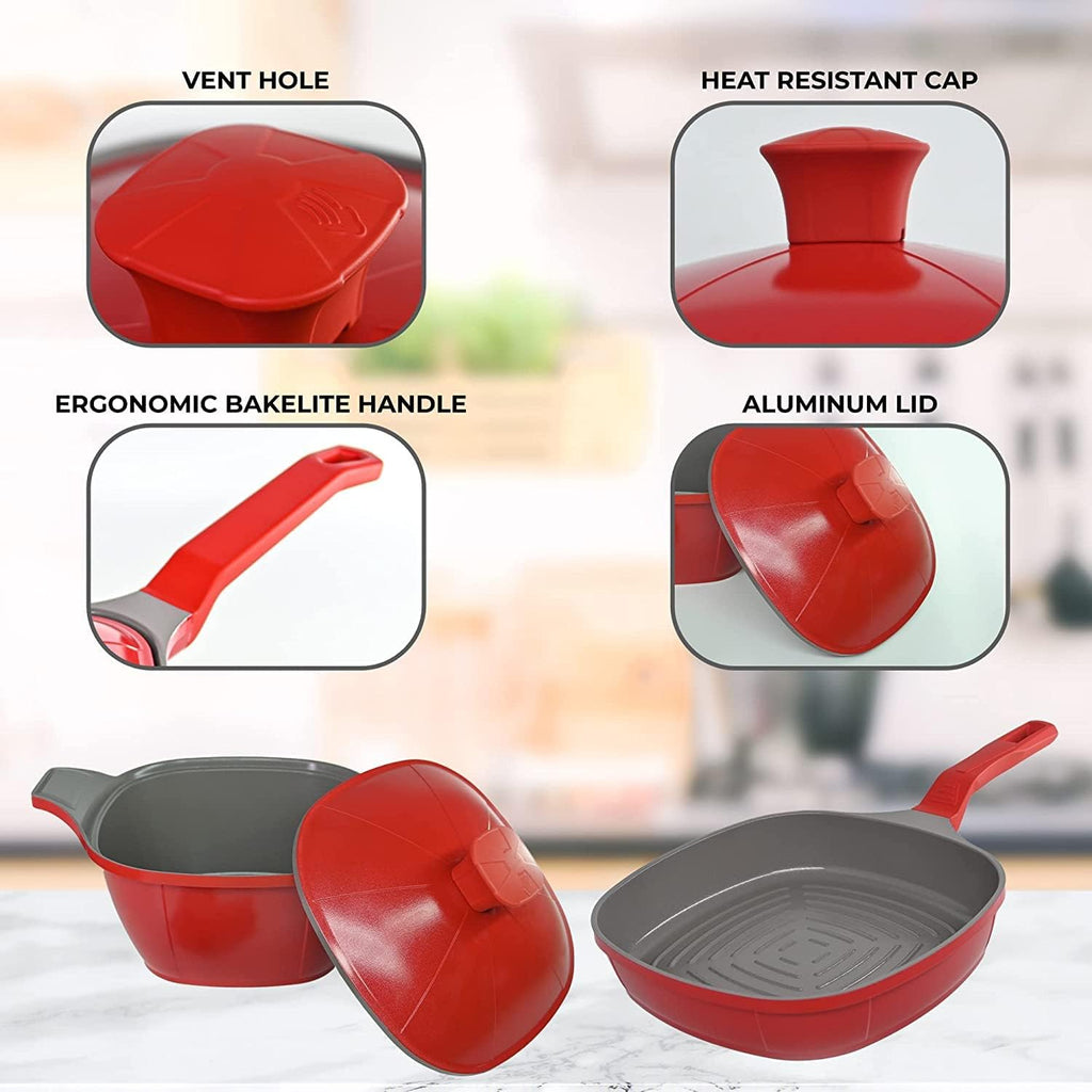 (Matrix) Luxury Cast Aluminum 11-Piece Cookware Set – Pans, Pots, Saucepan, Saucier, Baking Tray & Silicone Handles – Premium Nonstick, All Stovetops Compatible (Induction) – Ceramic Red