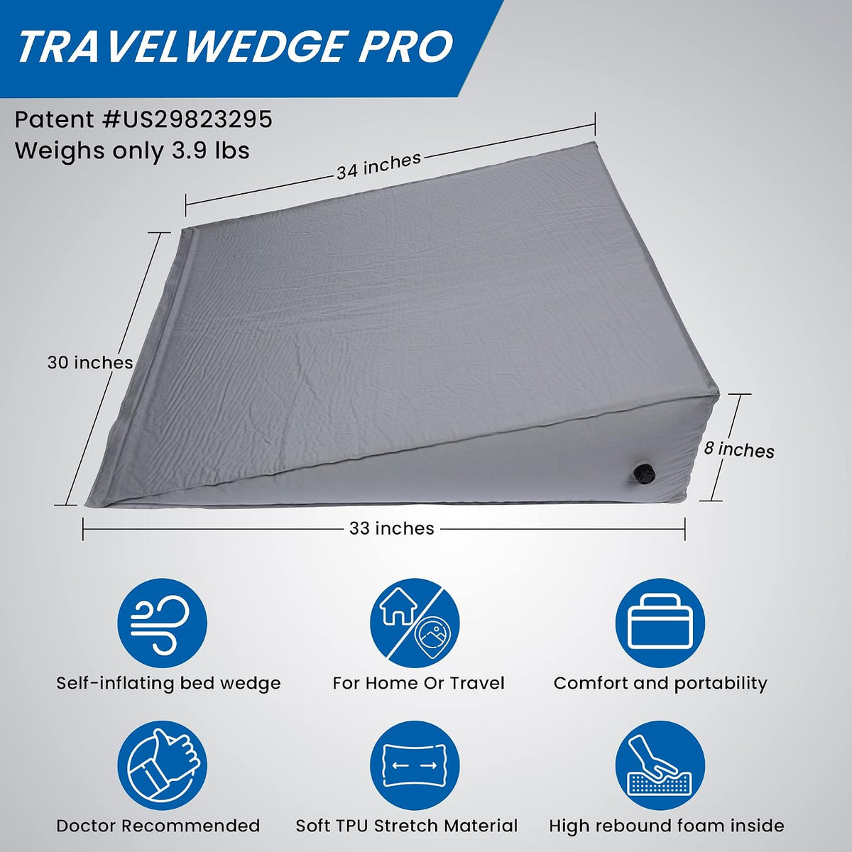 Self-Inflating Bed Wedge Pillow | Lightweight for Travel | Wedge Pillow for Sleeping and Acid Reflux, Heartburn, and GERD Pillow (30 Inch - Checked Bag Version)