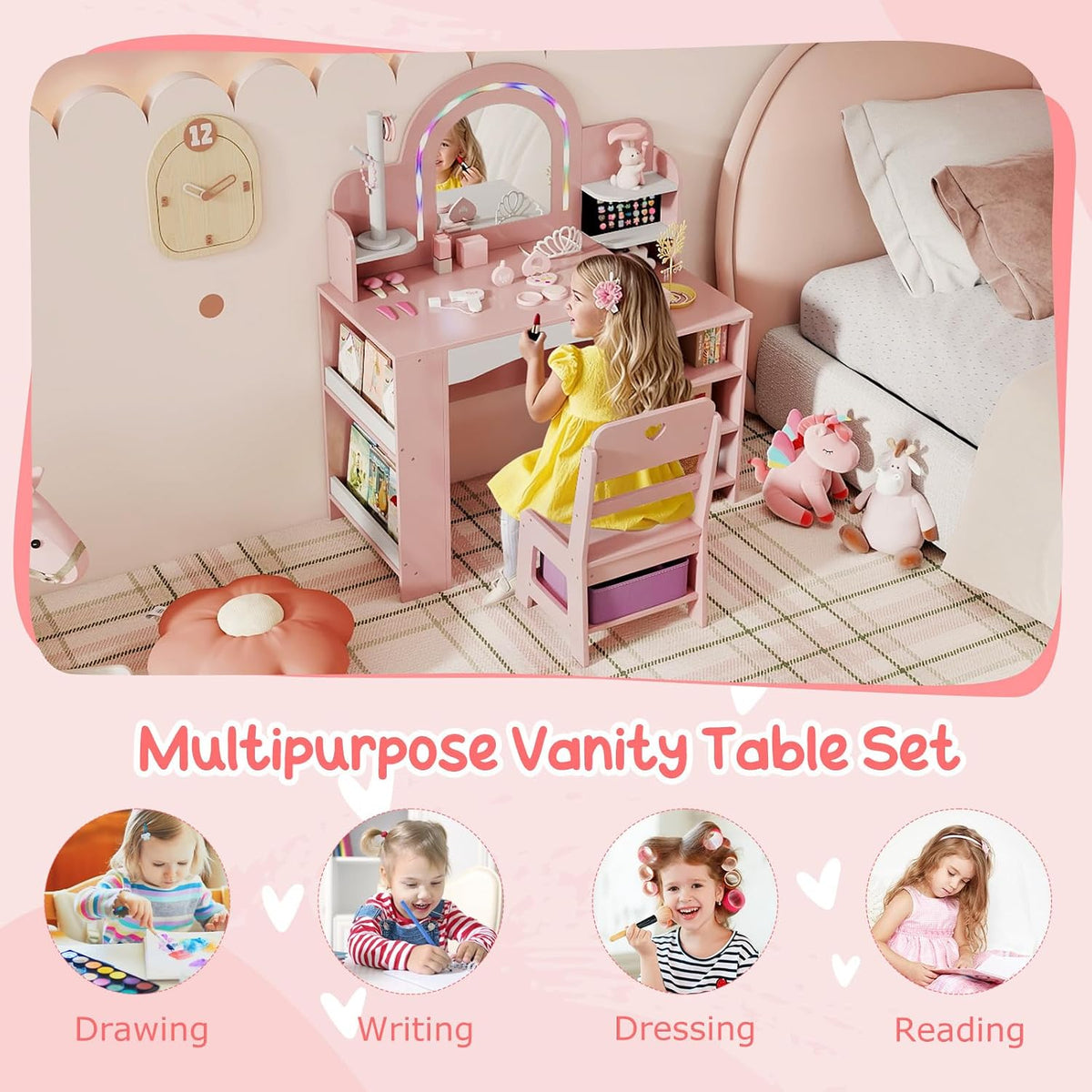 HONEY JOY Kids Vanity, Wooden Girls Vanity Set with Lighted Mirror & Open Bookshelf, Ring Slot & Jewelry Storage, Toddler Makeup Vanity Desk Dressing Table, Kids Vanity Table and Chair Set (Pink)