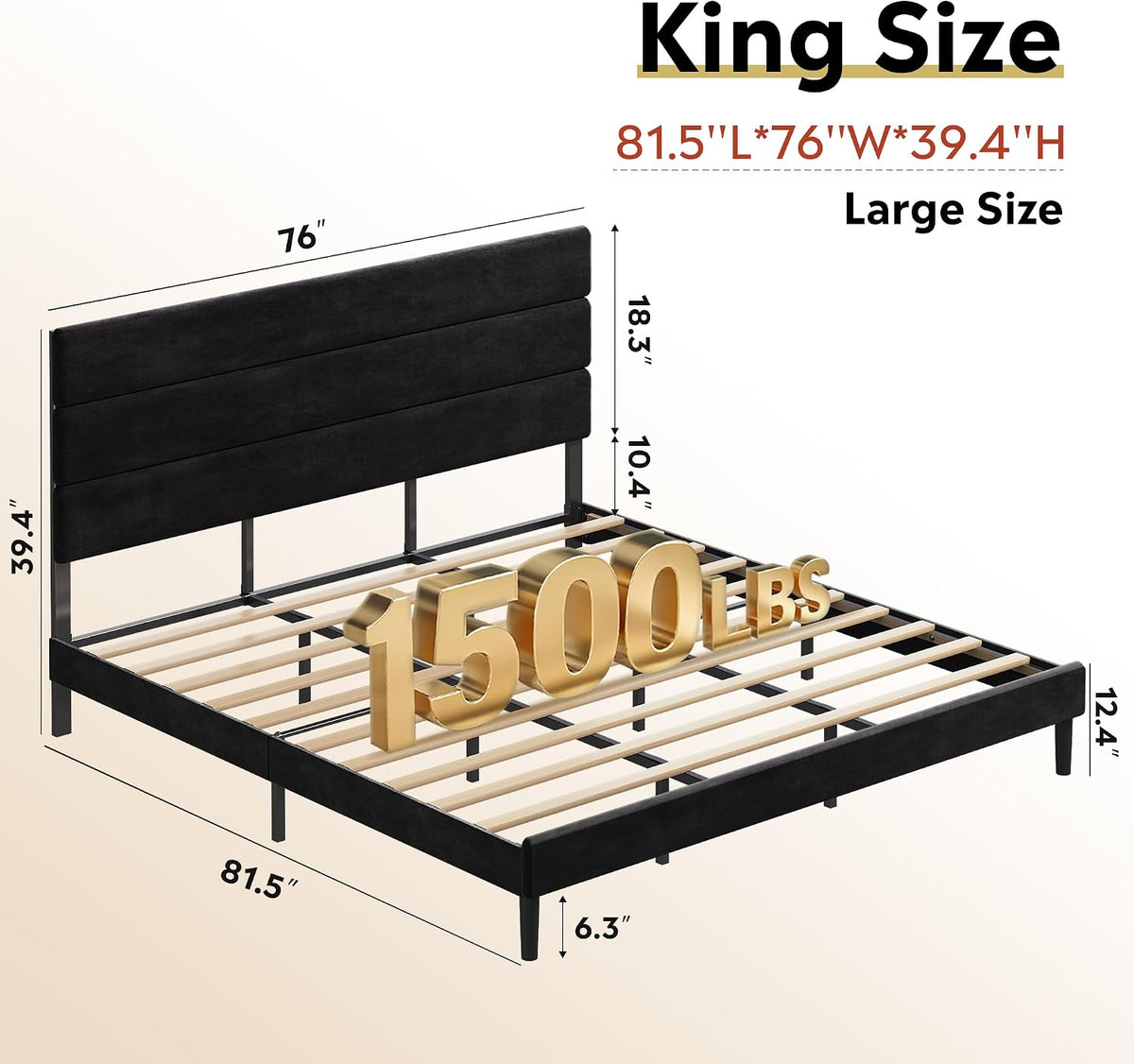 WLIVE Upholstered Bed Frame, King Size Bed Frame with Headboard, Platform Bed with Wood Slats, 1500LBS Mattress Foundation, No Box Spring Needed, Easy Assembly, Velvet Black