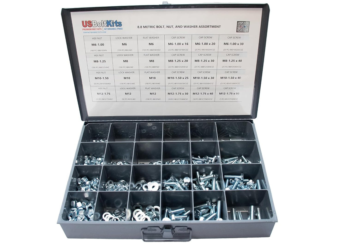1250 Piece Metric 8.8 Nut, Bolt, and Washer Assortment with Coarse Thread Hex Head Cap Screws, Flat and Lock Washers, Hex Nuts Kit