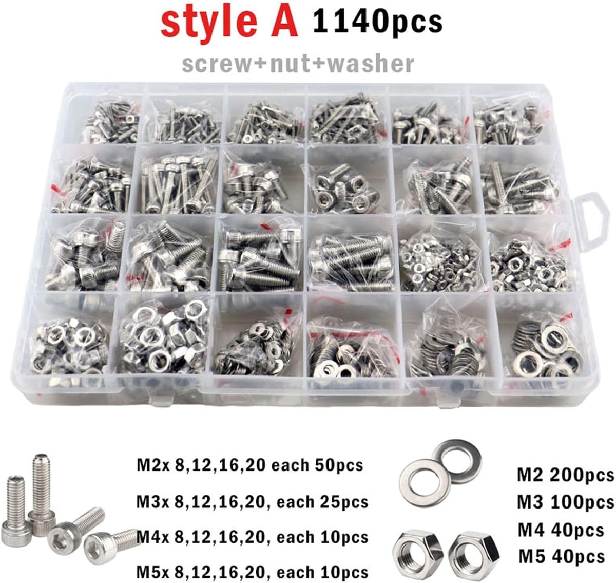 M1.6 M2 M3 M4 M5 304 Stainless Steel Allen Hexagon Hex Socket Cap Button Flat Head Screw Bolt Nut Set Assortment Kit for Road Bicycle, Mountain Bike, Auto Etc(M3M4M5-440pcs)