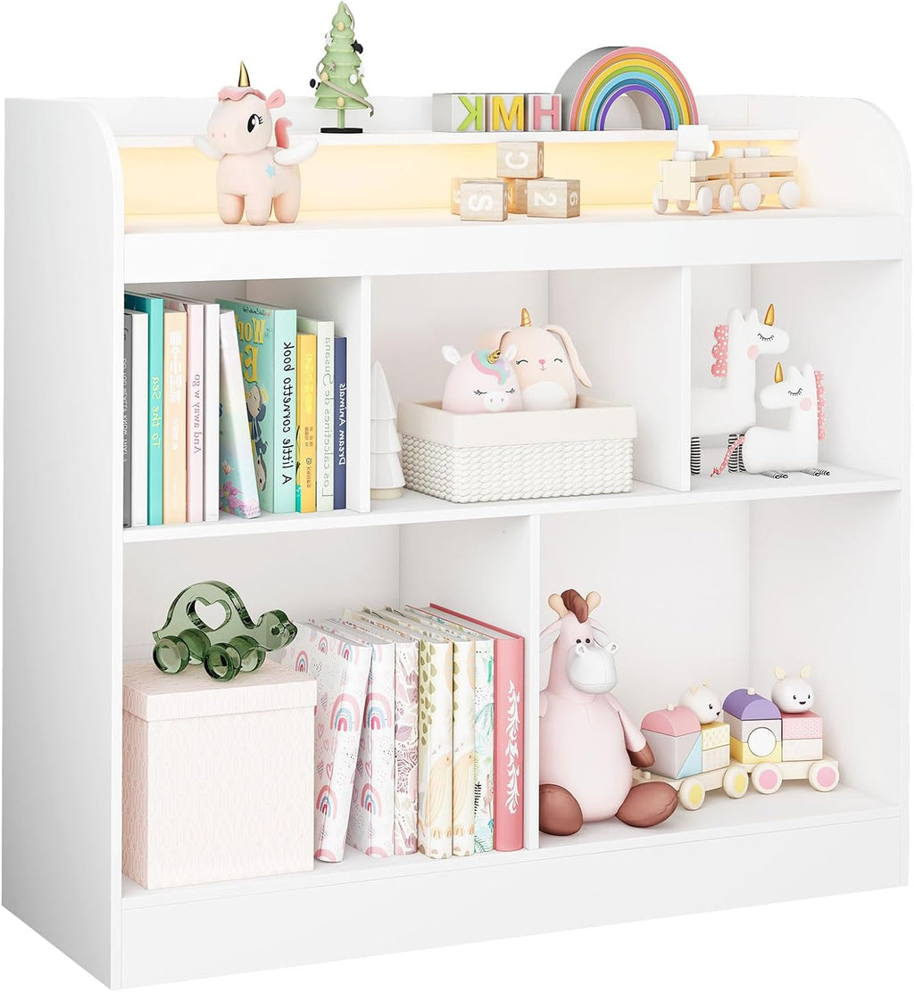 Lkeiyay Open Shelf Kids Bookcase,Montessori Toy Organizer with LED Lights - White Wooden Open Bookcase for Kids, Bedroom, Back to School,Playrooms & Nurseries