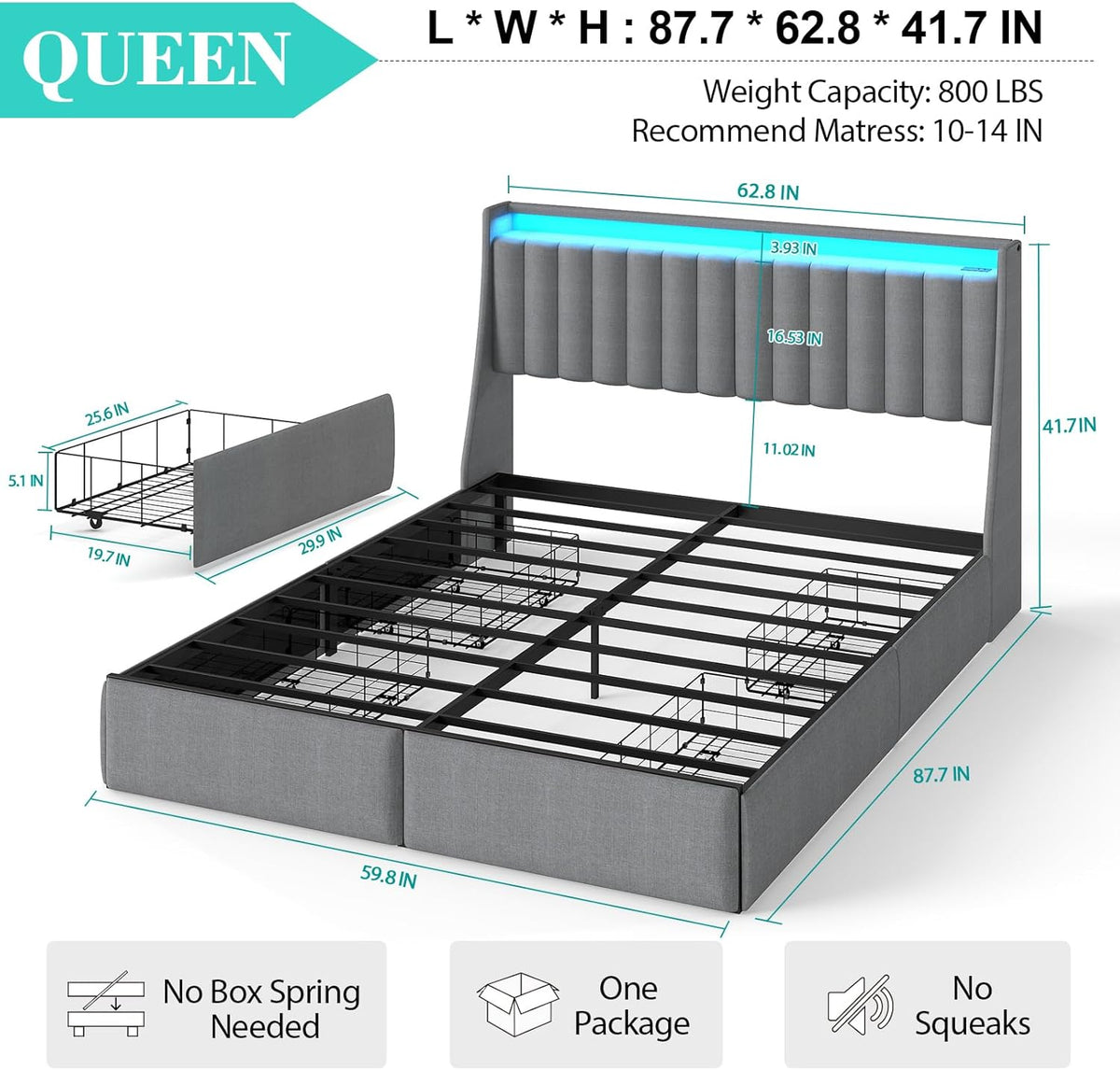 Doltoro Queen Size Bed Frame with Headboard and 4 Storage Drawers, Upholstered Wingback Metal Platform Bed with LED Lights and Charging Station, No Box Spring Needed, Noise Free, Easy Assembly, Gray