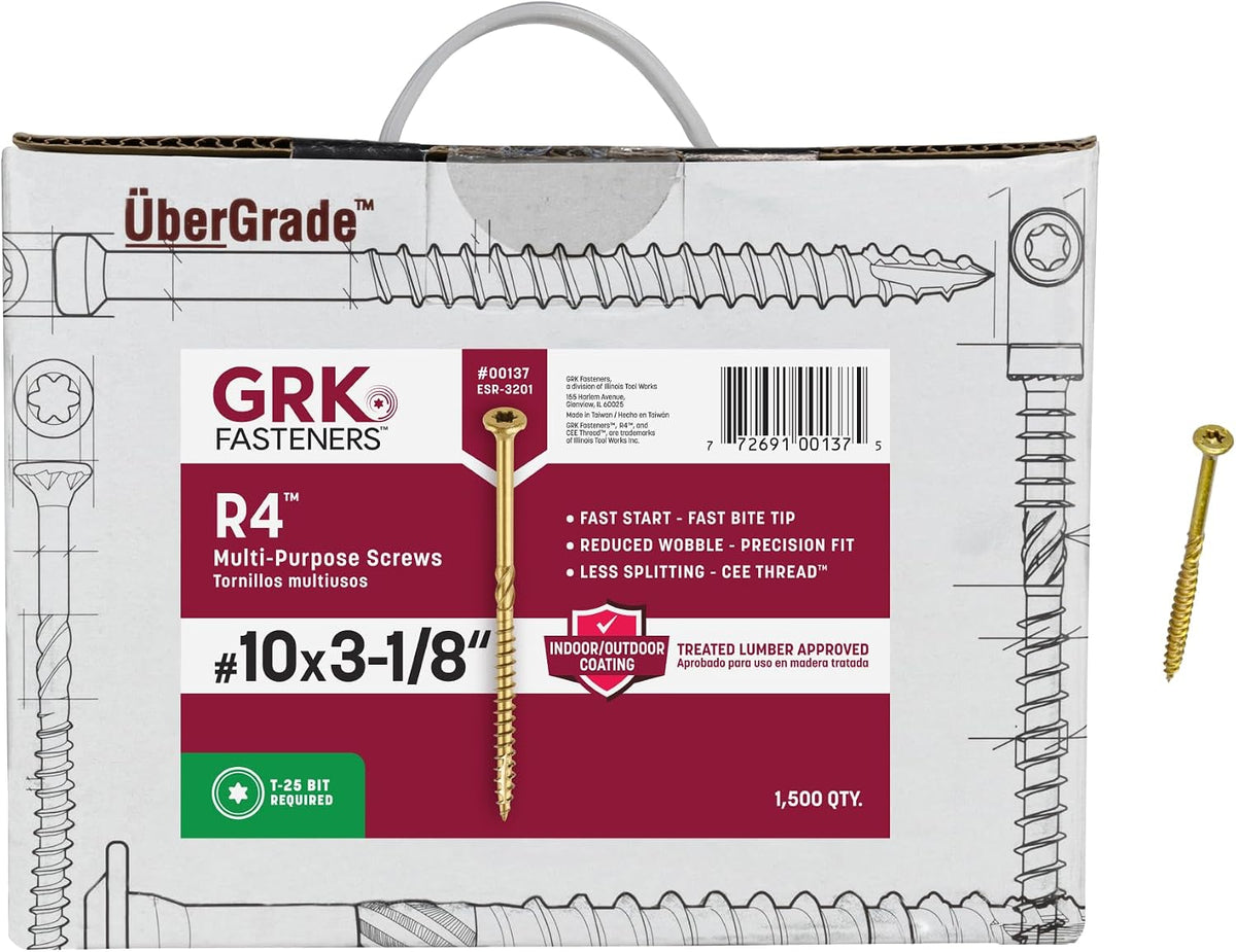 GRK Fasteners-00137 772691001375 R4 Bulk Number-10 by 3-1/8-Inch Screw, 1500-Count, #10 x 3-1/8', Gold, 1500 Count