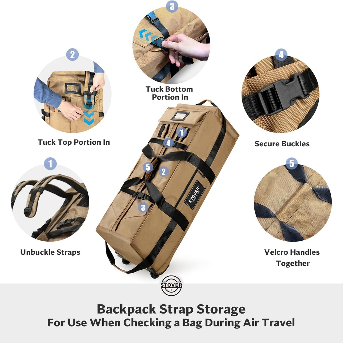 STOVER 45/80/100L Rolling Duffel Bag with Wheels, Large Durable Travel Duffle + Toiletry Bag, Heavy Duty, Packable, Foldable with Shoulder Straps- Use as Luggage or Backpack, Men/Women (Tan)