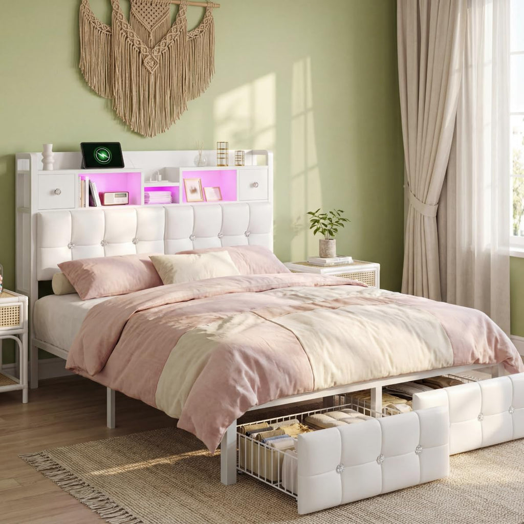 Homkdom Full Size Bed Frame with Hidden Storage - 4 Drawers,Diamond-Tufted Upholstered Headboard,LED Lights & Charging Station,1100 LBS Heavy Duty,No Box Spring Needed,Modern,White