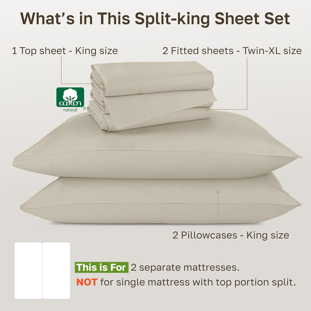 California Design Den Split King Sheet Set - Luxury 800 Thread Count, 100% Cotton Sateen, Bedding Set with Deep Pockets Sheets - Beige