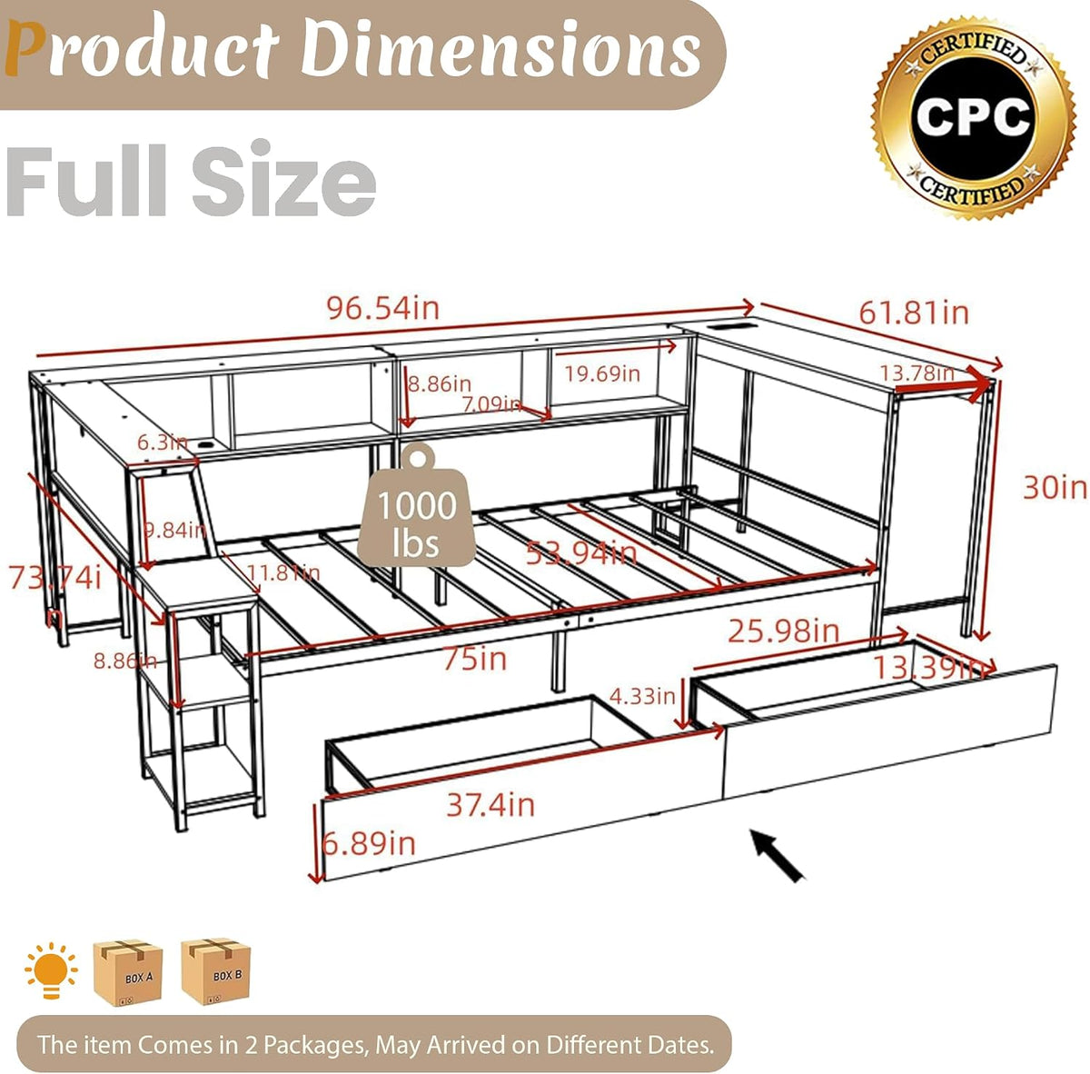 Full Corner Bed Frame with Desk, LED Lights & Charging Ports, L-Shaped Daybed with Storage Drawers, Bookcase & Open Shelves, Modern Full Size Daybed for Kids, Teens & Compact Bedrooms,Black