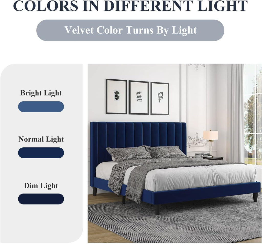 Allewie King Platform Bed Frame/Velvet Upholstered Bed Frame with Vertical Channel Tufted Headboard/Strong Wooden Slats/Mattress Foundation/Box Spring Optional/Easy Assembly/Navy Blue