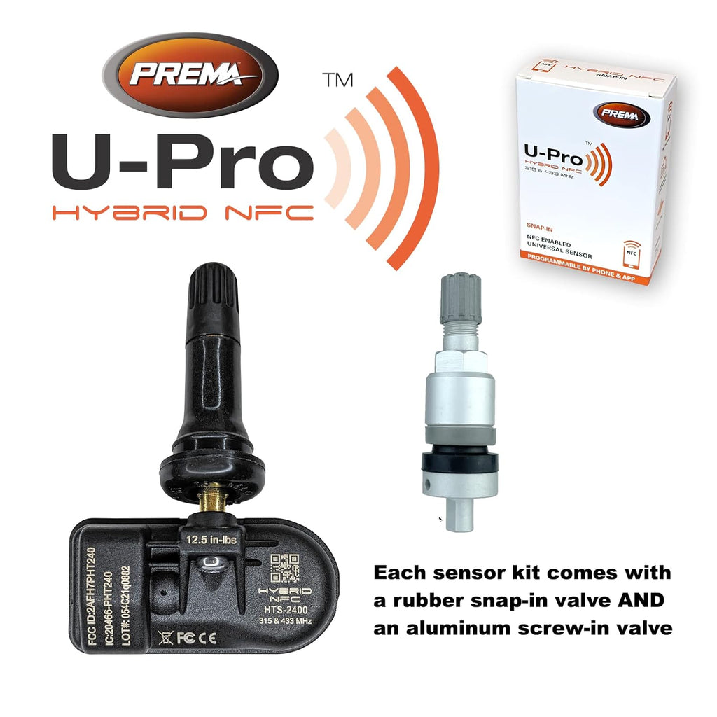 Set of 12 PREMA U-Pro Hybrid NFC TPMS Sensors with Rubber Snap in and Aluminum Clamp in Valve Stems | Universal for Any Vehicle | Programs with Free Smart Phone App! | Manufactured by Hamaton