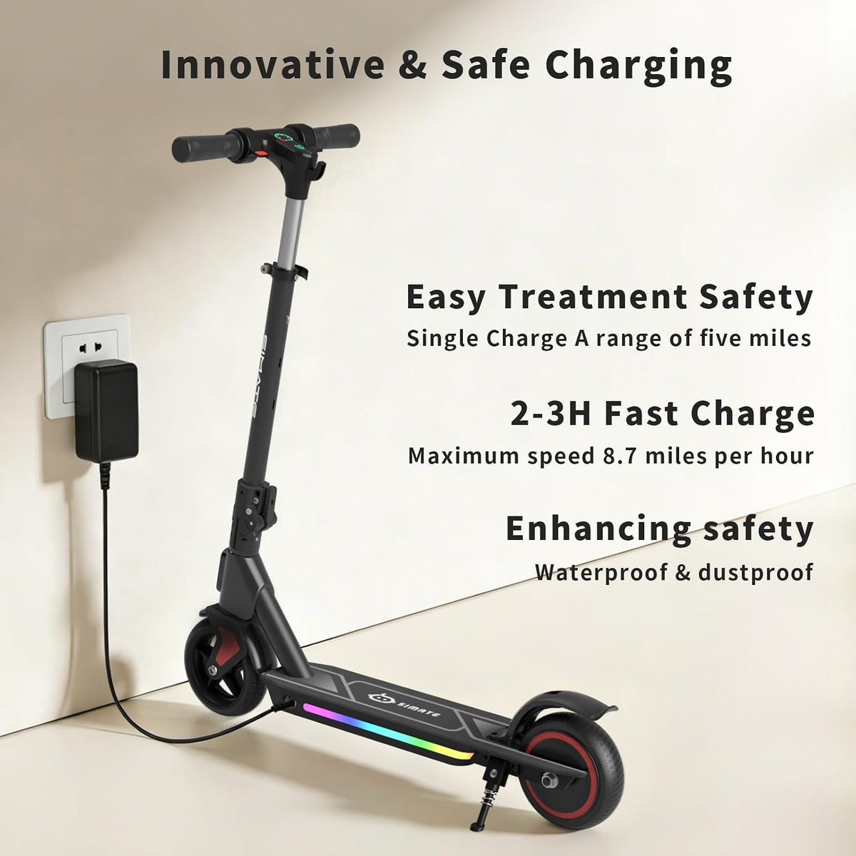 SIMATE Electric Scooter for Kids Ages 6-14, 3 Adjustable Heights 34'/37'/39', LED Display & Colorful Lights, Foldable Kids Electric Scooter, 8.7 MPH Safe Speed, Gifts for Boys Girls