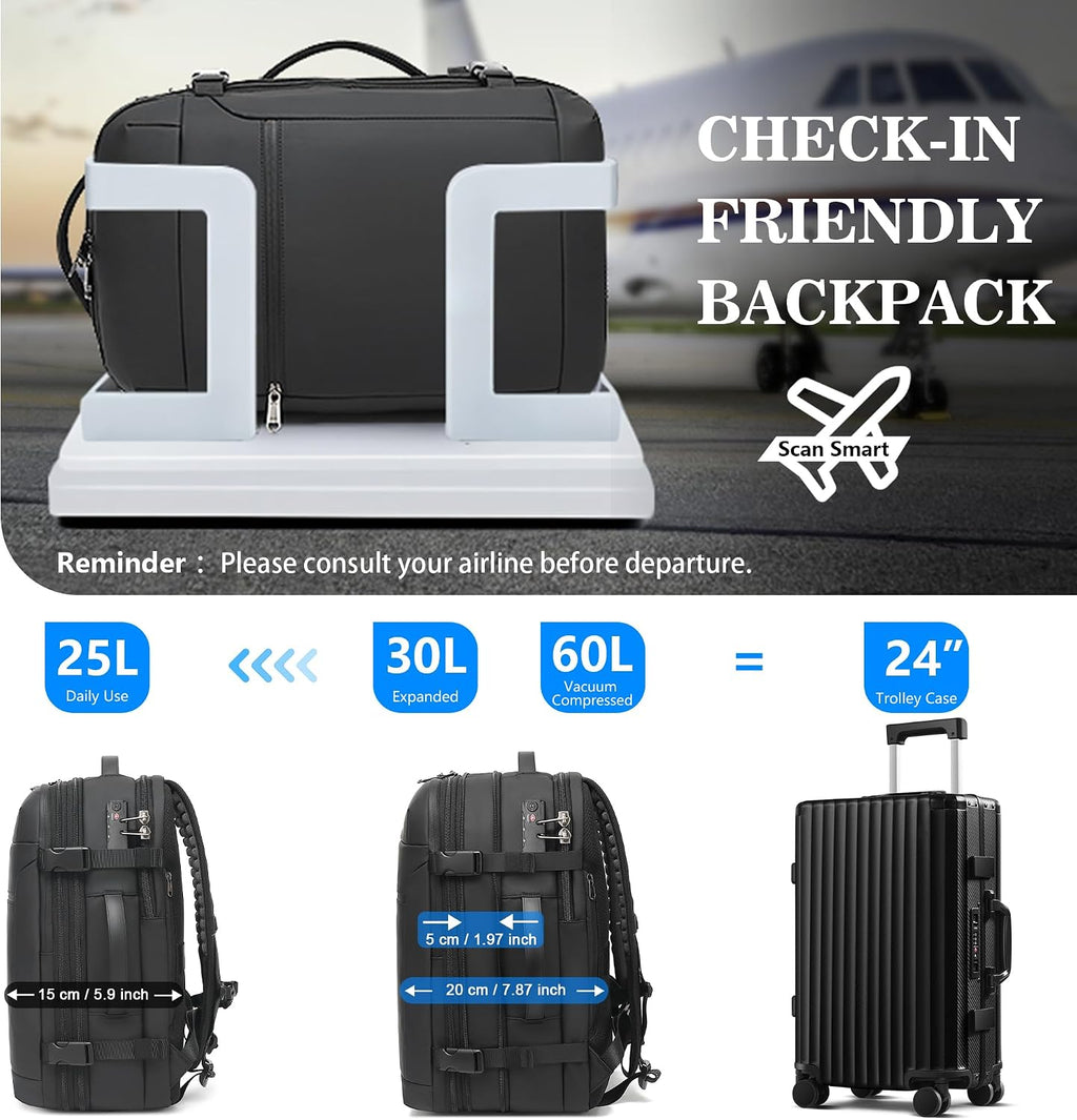 POSO Vacuum Backpack Travel – Expandable Compression Carry On Backpack with Vacuum Pump, Water-Resistant TSA Lock Travel Bag, 17' Laptop Backpack for Men Women, Business Airplane Flight Luggage