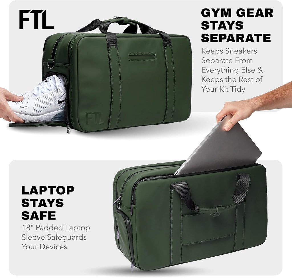 The FTL Pro Mens Travel Bag - 30L Premium Work to Gym Weekender Duffel with Garment Bag, Shoe Space & 18' Laptop Sleeve - Business Carry On Hybrid, Fits Under Airplane Seat - Abbot Green