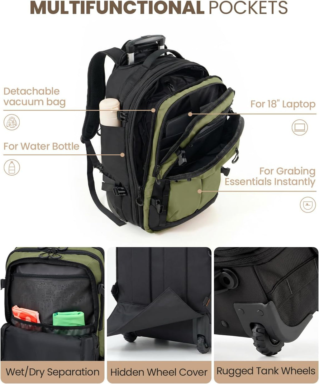 Fanwoli Rolling Vacuum Backpack Travel with One-Button Compression, 55L Expandable, Water Resistant Carry-On Suitcase Luggage, Ideal for Outdoor/Family/Trips