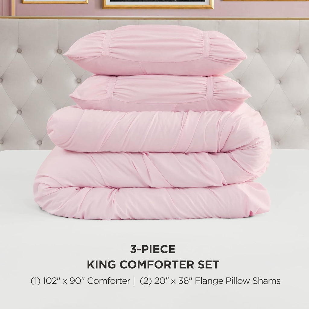 Juicy Couture Ribbon Ruched 3 Piece King Comforter Set, Pink Marshmellow Bedding Ensemble