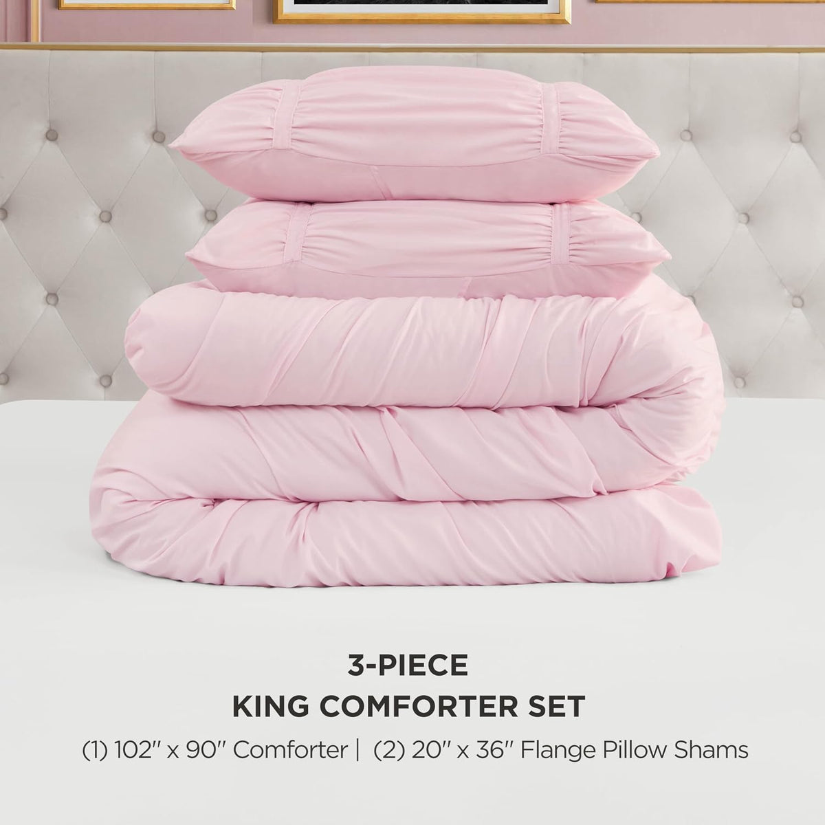 Juicy Couture Ribbon Ruched 3 Piece King Comforter Set, Pink Marshmellow Bedding Ensemble