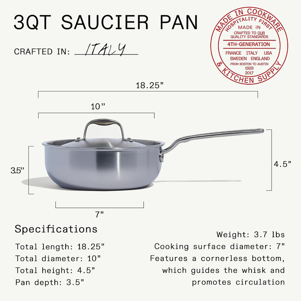 Made In Cookware | 3 Quart Stainless Steel Saucier Pan | 5 Ply Stainless Clad | Professional Cookware | Crafted in Italy | Induction Compatible