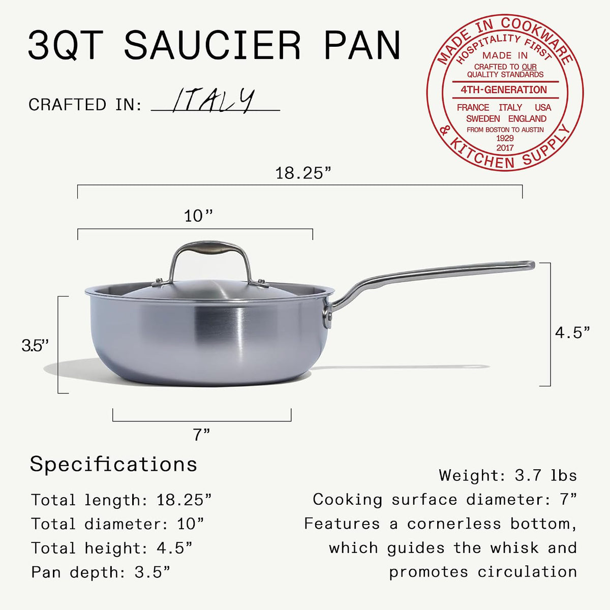 Made In Cookware | 3 Quart Stainless Steel Saucier Pan | 5 Ply Stainless Clad | Professional Cookware | Crafted in Italy | Induction Compatible