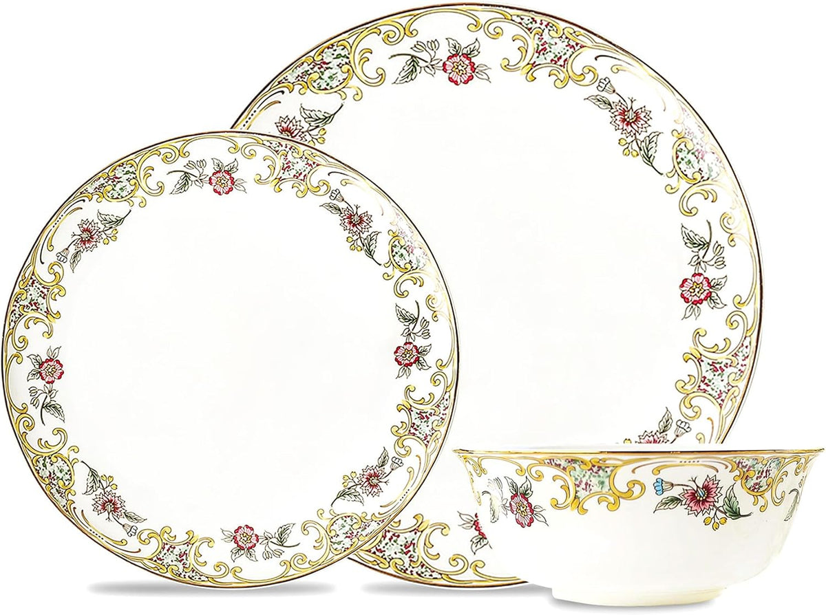 ACMLIFE Bone China Dinnerware Set for 4, 12-Piece Vintage Floral Dinnerware Set, Kitchen Plates and Bowls Set, Christmas Gifts for Women (White)
