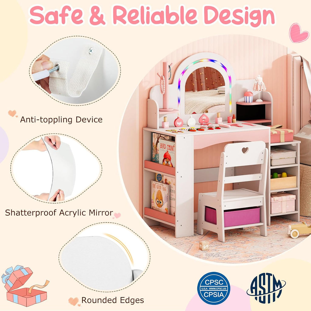 Costzon Kids Vanity, Girls Vanity Set with Lighted Mirror, Bookshelf, Jewelry Storage, Toddler Makeup Vanity Desk Dressing Table, Wooden Kids Vanity Table and Chair Set (White)