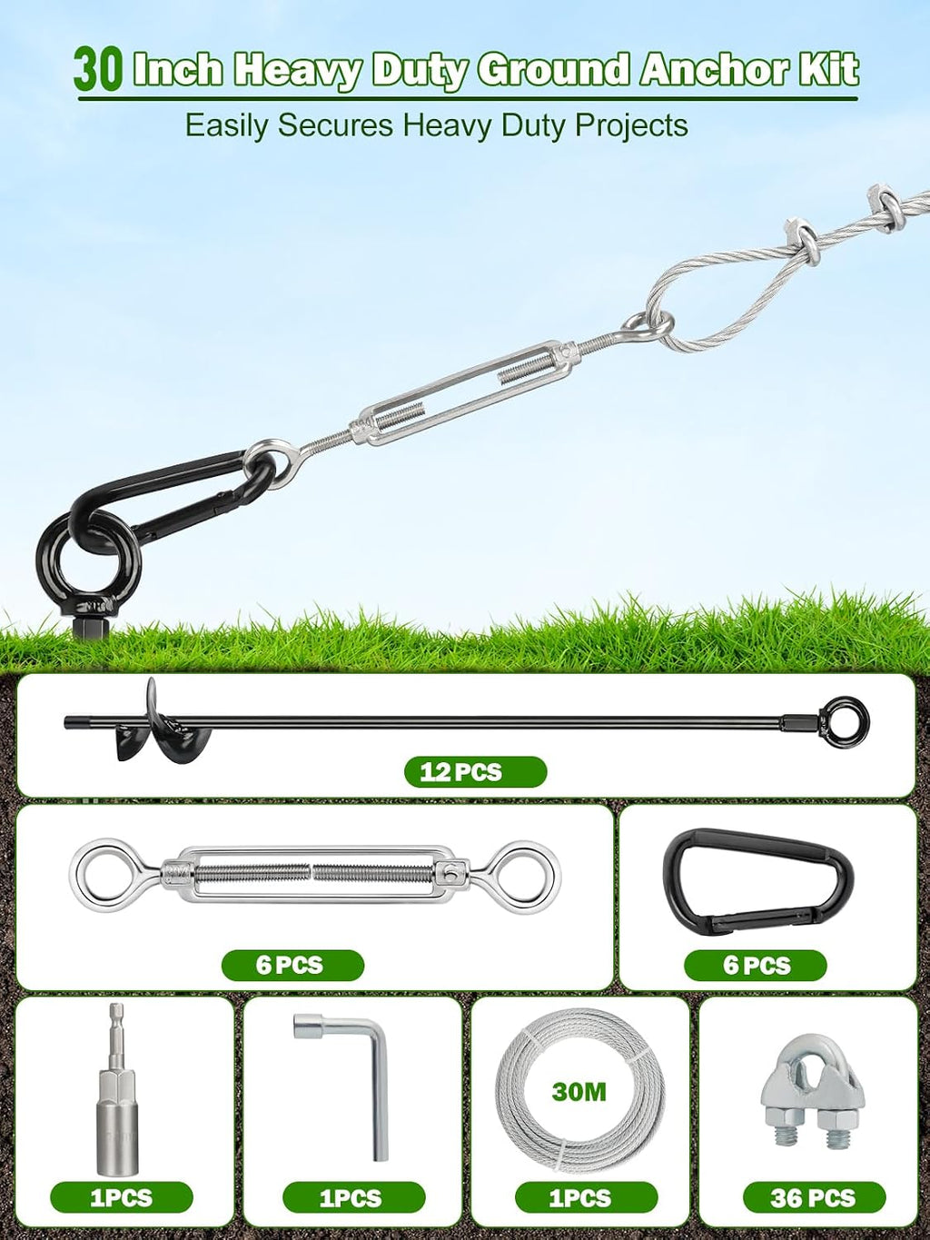 12 Pcs 30' Long Ground Anchors Shed Anchors Kit with 3/16' Galvanized Cable & Turnbuckles & Carabiners, Heavy Duty Earth Anchors for Sheds Trees Trampoline Greenhouse Swing Set Tent.