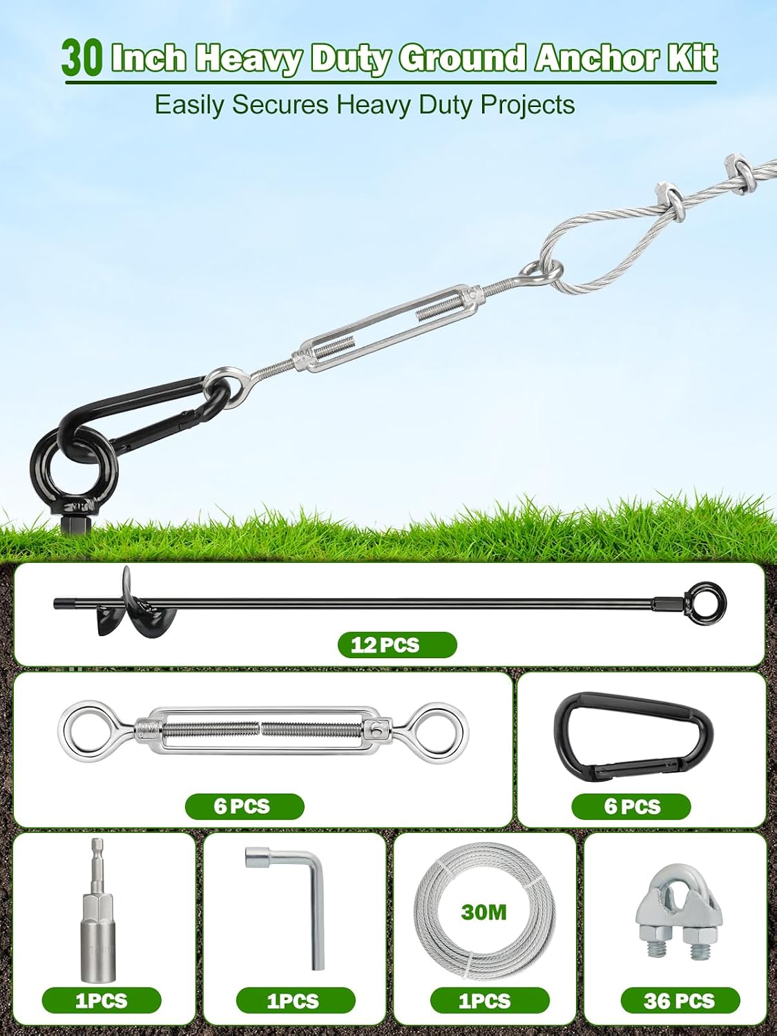 12 Pcs 30' Long Ground Anchors Shed Anchors Kit with 3/16' Galvanized Cable & Turnbuckles & Carabiners, Heavy Duty Earth Anchors for Sheds Trees Trampoline Greenhouse Swing Set Tent.