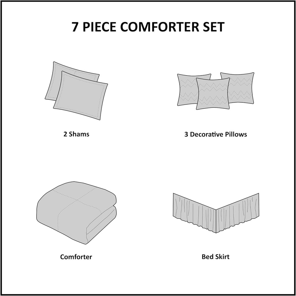Madison Park Blaire Cozy Comforter Set-Luxurious Faux Silk Traditional Pieced Design All Season Down Alternative Bedding with Matching Shams, Decorative Pillow, Queen (90 in x 90 in), Grey 7 Piece