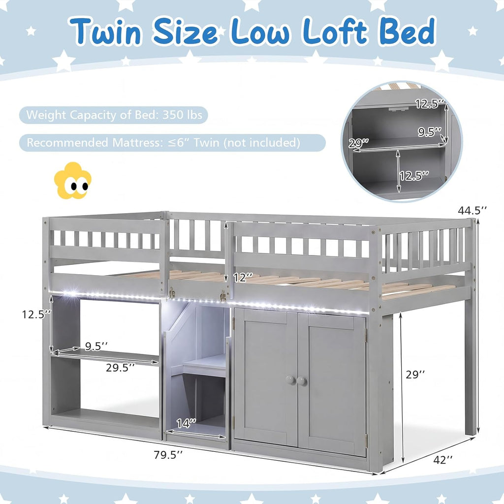 Giantex Low Loft Bed Twin Size with LED Lights, Wooden Bed Frame w/Stairs, Safety Guardrails, Storage Cabinet, Bookshelf & Under-Bed Play Space, Modern Kids Loft Bed for Boys Girls (Grey)