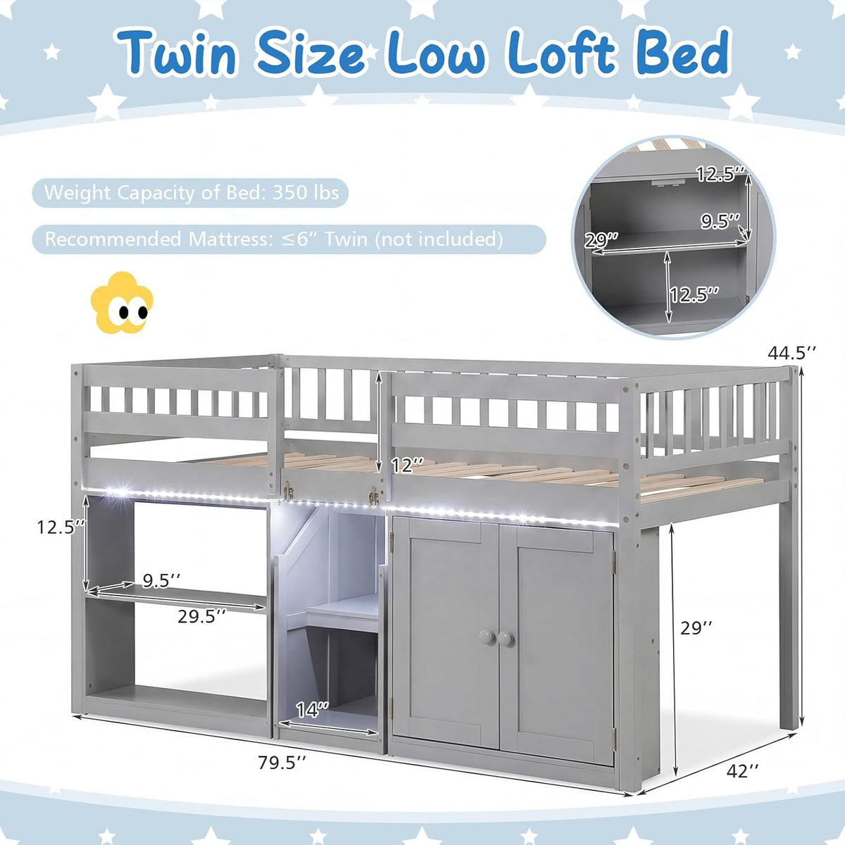 Giantex Low Loft Bed Twin Size with LED Lights, Wooden Bed Frame w/Stairs, Safety Guardrails, Storage Cabinet, Bookshelf & Under-Bed Play Space, Modern Kids Loft Bed for Boys Girls (Grey)