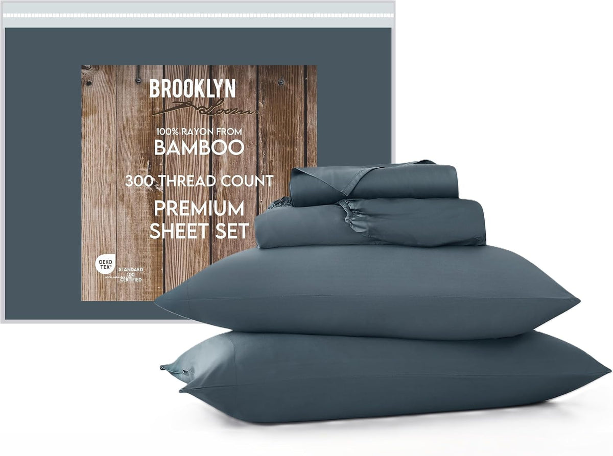 Brooklyn Loom 300 Thread Count 100% Rayon from Bamboo Blue 4 Piece Queen Sheet Set