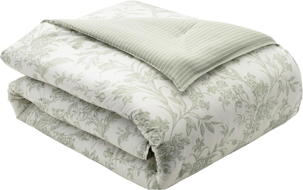 Laura Ashley - Queen Size Bonus Comforter Set, Reversible Cotton Bedding, Includes Matching Shams with Bonus Euro Shams & Throw Pillows (Natalie Green)