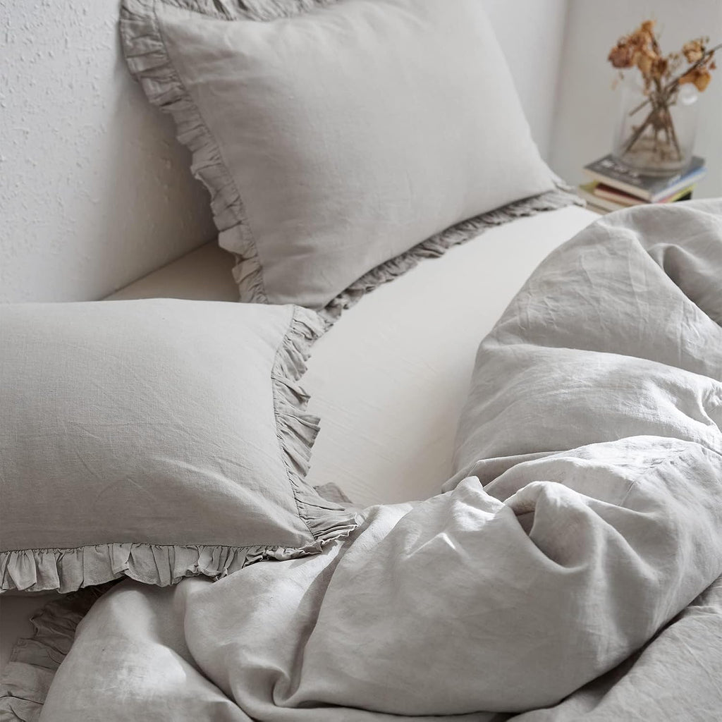 Simple&Opulence 100% Linen Duvet Cover Set, Natural French Flax Light Grey Ruffle Duvet Cover Twin Size, Breathable Comfy Linen Bedding Comforter Cover with 1 Pillowcase (Light Grey, 68' x 86')