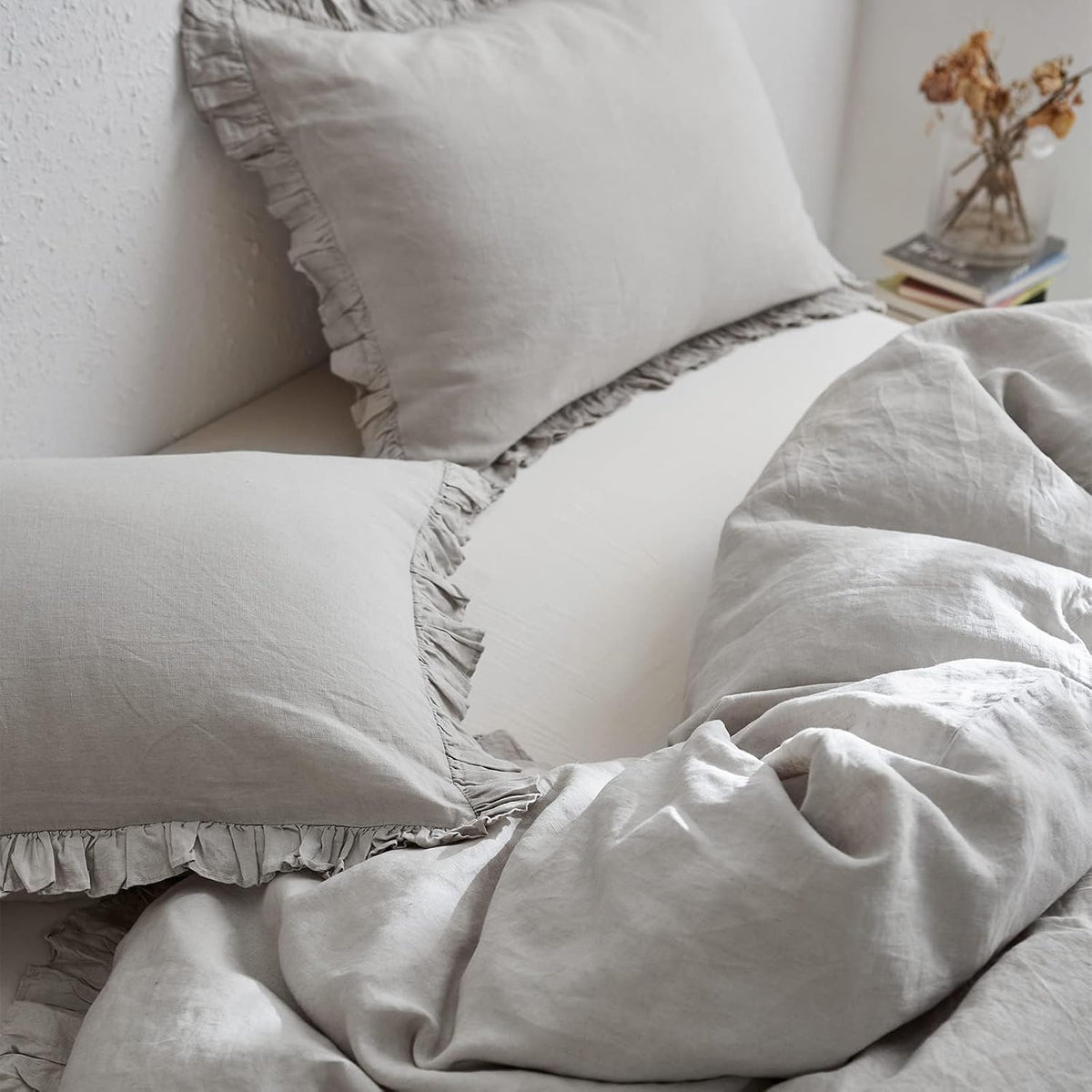 Simple&Opulence 100% Linen Duvet Cover Set, Natural French Flax Light Grey Ruffle Duvet Cover Twin Size, Breathable Comfy Linen Bedding Comforter Cover with 1 Pillowcase (Light Grey, 68' x 86')